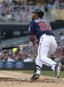 Minnesota Twins' Eddie Rosario watches his sacrifice fly off Oakland Athletics pitcher Drew Pomeranz in the third inning of a baseball game, Thursday, May 7, 2015, in Minneapolis. (AP Photo/Jim Mone)