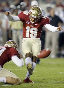 FILE - In this Nov. 23, 2013, file photo, Florida State kicker Roberto Aguayo (19) ties an FBC record of 78 consecutive extra points in a season with an extra point in the fourth quarter of an NCAA college football game against Idaho in Tallahassee, Fla. Aguayo has taken 201 kicks in his first two Florida State seasons and made 197 of them. He is on pace to become the most accurate kicker in the history of big-time college football and it would seem a high draft pick would await him next year if he skips his senior season and heads to the NFL. (AP Photo/Phil Sears, File)
