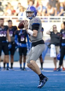 Boise State quarterback Ryan Finley looks for a receiver during an NCAA college football scrimmage in Boise, Idaho, on Friday, Aug. 21, 2015. (AP Photo/Otto Kitsinger)