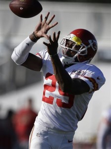 Kansas City Chiefs strong safety Eric Berry catches a ball during drills at NFL football training camp in St. Joseph, Mo., Tuesday, Aug. 11, 2015. (AP Photo/Orlin Wagner)