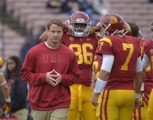 Southern California head coach Lane Kiffin, left, walks past tight end Xavier Grimble, center, and quarterback Matt Barkley prior to their NCAA college football game against UCLA, Saturday, Nov. 17, 2012, in Pasadena, Calif. The Lakers won 114-102. (AP Photo/Mark J. Terrill)