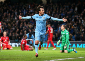 MANCHESTER, ENGLAND - MARCH 04:  David Silva of Manchester City celebrates after scoring the opening goal during the Barclays Premier League match between Manchester City and Leicester City at the Etihad Stadium on March 4, 2015 in Manchester, England.  (Photo by Alex Livesey/Getty Images)