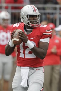 Ohio State quarterback Cardale Jones drops back to pass against Western Michigan during the first quarter of an NCAA college football game, Saturday, Sept. 26, 2015, in Columbus, Ohio. (AP Photo/Jay LaPrete)