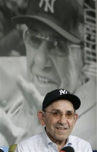 File-This July 13, 2010, file photo shows former New York Yankees great Yogi Berra remarking about the passing of Yankees owner George Steinbrenner from his museum in Montclair, N.J.  Berra, the Yankees Hall of Fame catcher has died. He was 90. (AP Photo/Rich Schultz, File)