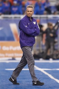 Washington coach Chris Petersen watches his players warm up for an NCAA college football game against Boise State in Boise, Idaho, on Friday, Sept. 4, 2015. (AP Photo/Otto Kitsinger)