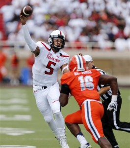 Texas Tech's quarterback Patrick Mahomes passes during an NCAA college football game against University of Texas at El Paso, Saturday, Sept. 12, 2015, in Lubbock, Texas. (Mark Rogers/Lubbock Avalanche-Journal via AP) ALL LOCAL TELEVISION OUT; MANDATORY CREDIT