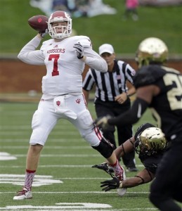 Indiana's Nate Sudfeld (7) looks to pass against Wake Forest during the first half of an NCAA college football game in Winston-Salem, N.C., Saturday, Sept. 26, 2015. (AP Photo/Chuck Burton)