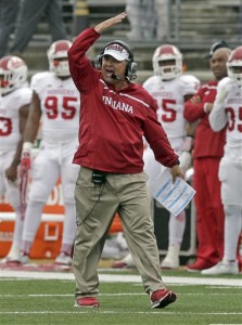 Indiana head coach Kevin Wilson argues a call during the second half of an NCAA college football game against Wake Forest in Winston-Salem, N.C., Saturday, Sept. 26, 2015. Indiana won 31-24. (AP Photo/Chuck Burton)