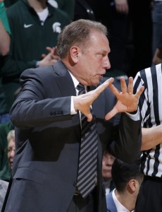 Michigan State coach Tom Izzo discusses a call during the first half of an NCAA college basketball game against Indiana, Sunday, Feb. 14, 2016, in East Lansing, Mich. Michigan State won 88-69. (AP Photo/Al Goldis)