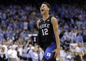 Duke's Derryck Thornton reacts following Duke's 74-73 win over North Carolina in an NCAA college basketball game in Chapel Hill, N.C., Wednesday, Feb. 17, 2016. (AP Photo/Gerry Broome)