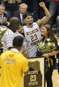 Wichita State senior Fred VanVleet is honored after Wichita State defeated Illinois State in an NCAA college basketball game Saturday, Feb. 27, 2016, in Wichita, Kan. (Travis Heying/The Wichita Eagle via AP)