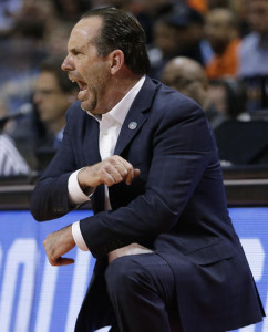 Notre Dame head coach Mike Brey reacts to a call during the first half of a second-round men's college basketball game against Stephen F. Austin in the NCAA Tournament, Sunday, March 20, 2016, in New York. (AP Photo/Frank Franklin II)