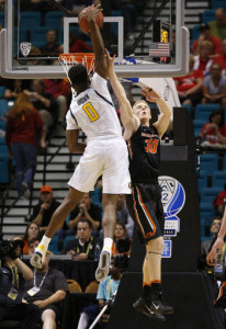 California forward Jaylen Brown shoots over Oregon State forward Olaf Schaftenaar during the first half of an NCAA college basketball game in the quarterfinals of the Pac-12 men's tournament Thursday, March 10, 2016, in Las Vegas. (AP Photo/John Locher)