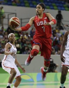 United States forward Maya Moore makes a layup during the first half of a women's basketball game against Canada at the Youth Center at the 2016 Summer Olympics in Rio de Janeiro, Brazil, Friday, Aug. 12, 2016. (AP Photo/Carlos Osorio)
